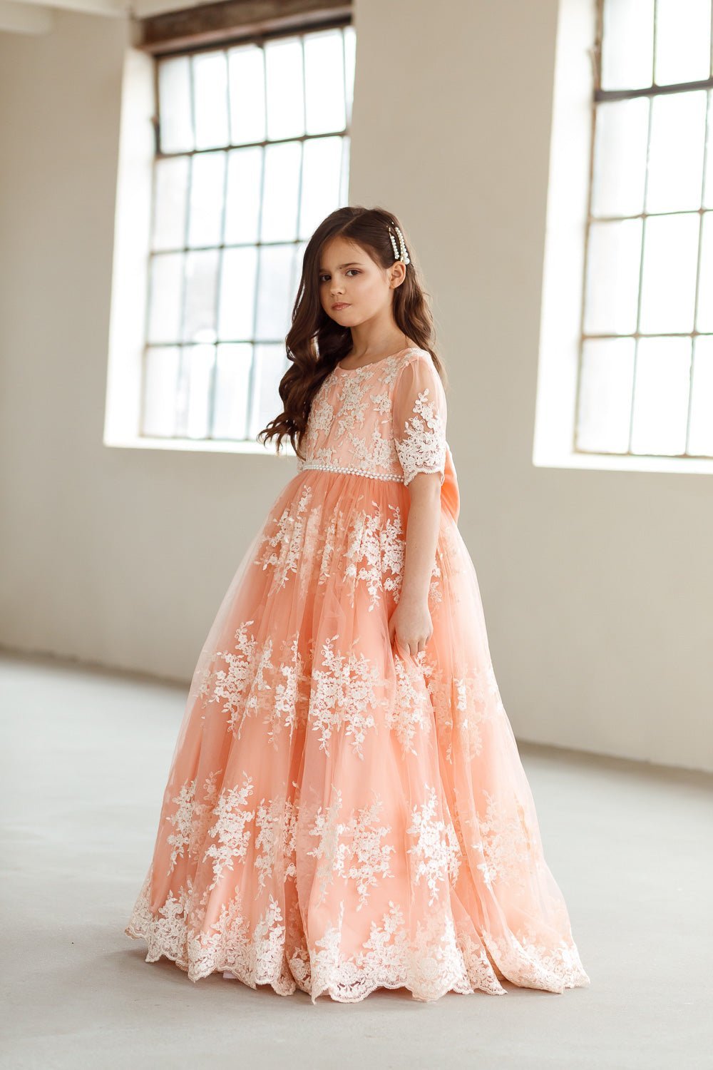 Mary embroidered peach flower girl dress